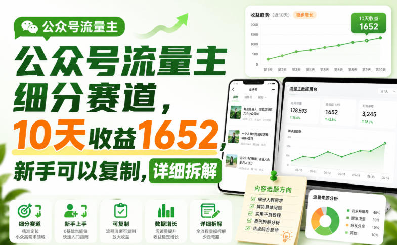 公众号流量主细分赛道，10天收益1652，新手可以复制，详细拆解-优优云创网