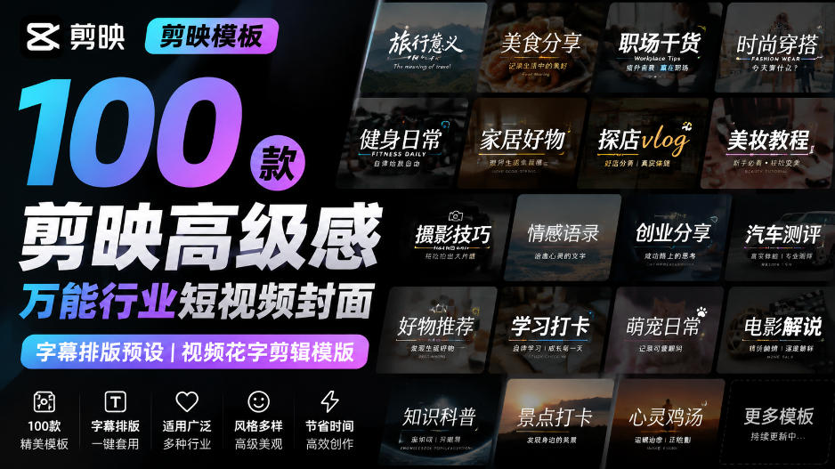 【剪映模板】100款剪映高级感万能行业短视频封面字幕排版预设视频花字剪辑模版-优优云创网