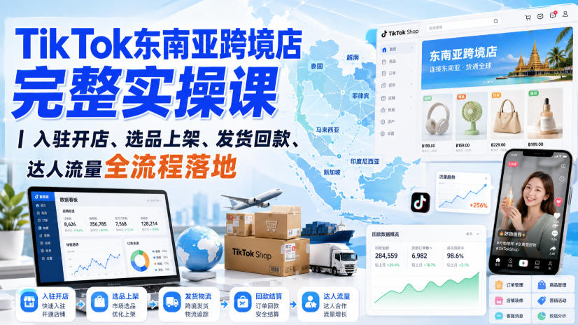 TikTok东南亚跨境店完整实操课|入驻开店、选品上架、发货回款、达人流量全流程落地-优优云创网