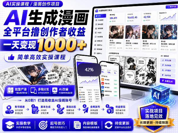 AI生成漫画全平台撸创作者收益内部课程,实操最高单日变现1k+-优优云创网