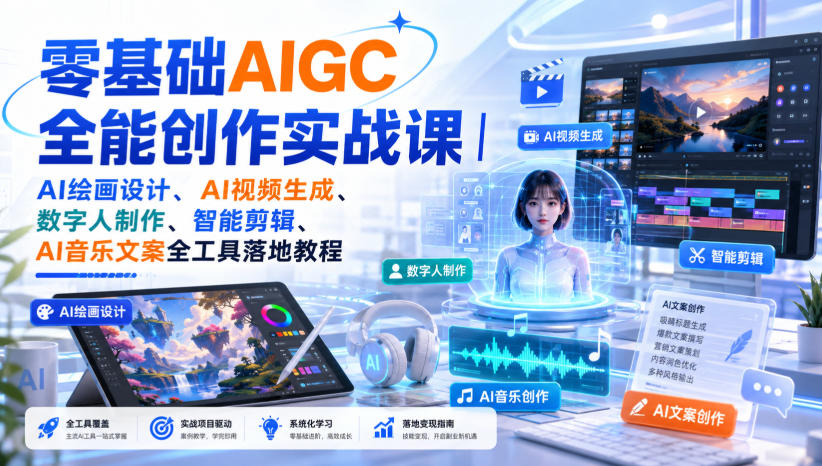 零基础AIGC全能创作实战课|AI绘画设计、AI视频生成、数字人制作、智能剪辑、AI音乐文案全工具落地教程-优优云创网