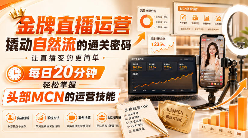金牌直播运营撬动自然流的通关密码,让直播变的更简单,每日20分钟,轻松掌握头部MCN的运营技能-优优云创网