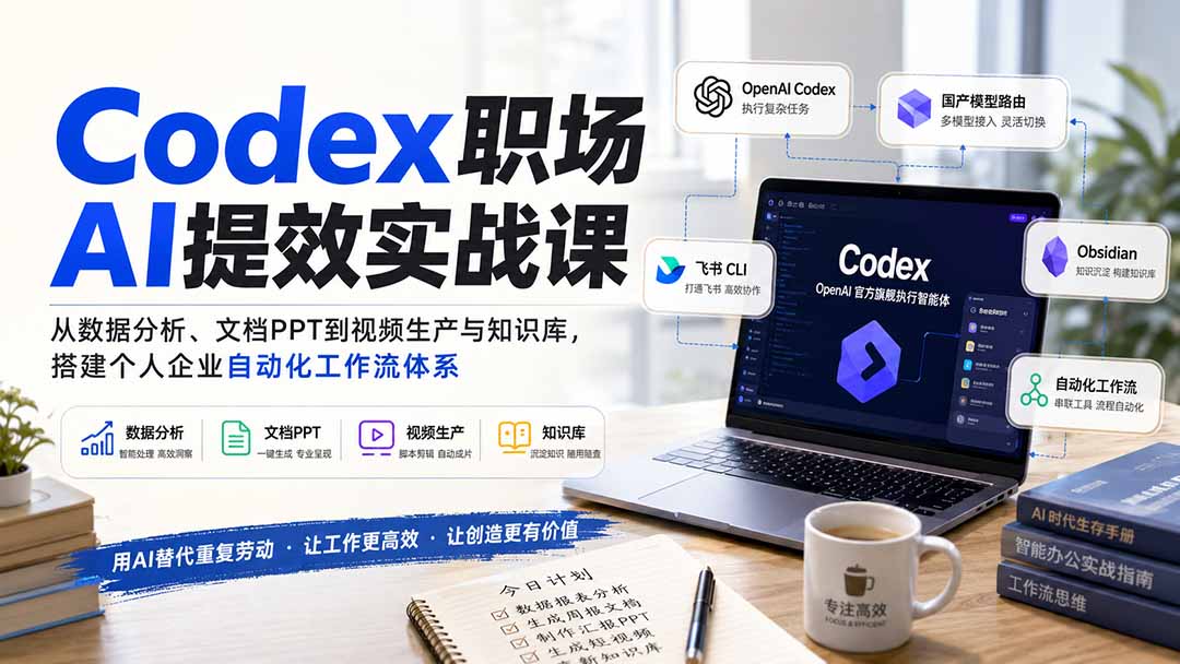 Codex职场AI提效实战课:从数据分析、文档PPT到视频生产与知识库,搭建个人企业自动化工作流体系-优优云创网