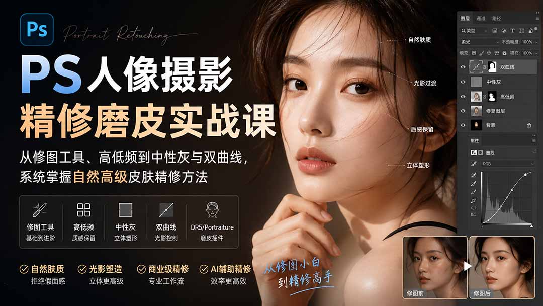 PS人像摄影精修磨皮实战课：从修图工具、高低频到中性灰与双曲线，系统掌握自然高级皮肤精修方法-优优云创网