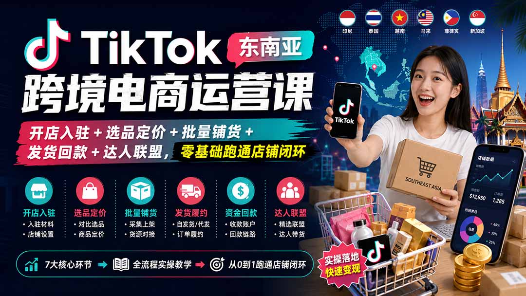 TikTok东南亚跨境电商运营课：开店入驻+选品定价+批量铺货+发货回款+达人联盟，零基础跑通店铺闭环-优优云创网