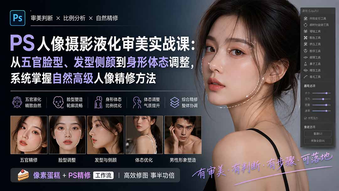 PS人像摄影液化审美实战课：从五官脸型、发型侧颜到身形体态调整，系统掌握自然高级人像精修方法-优优云创网