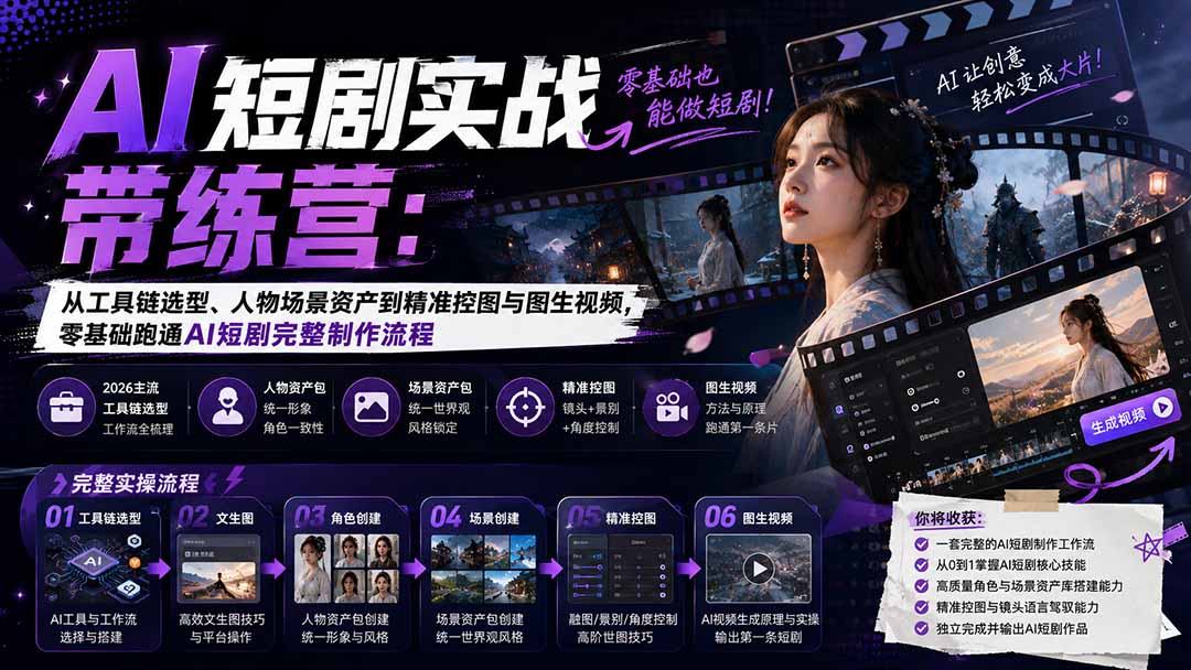 AI短剧实战训练营:从工具链选型、人物场景资产到精准控图与图生视频,零基础跑通AI短剧完整制作流程-优优云创网