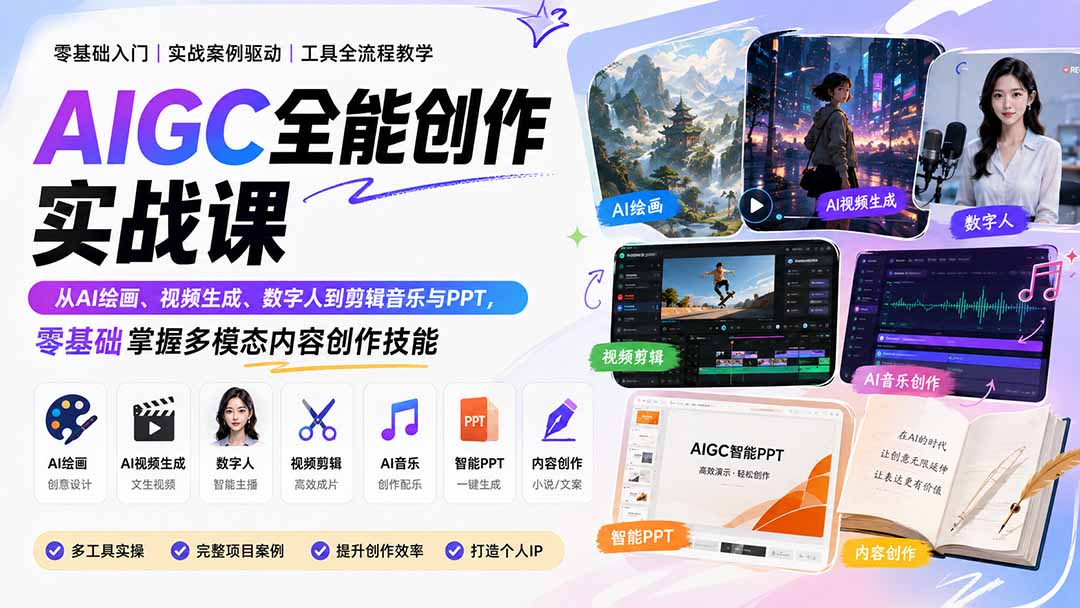 AIGC全能创作实战课:从AI绘画、视频生成、数字人到剪辑音乐与PPT,零基础掌握多模态内容创作技能-优优云创网