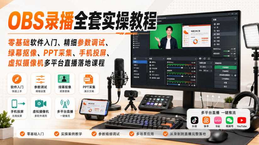 OBS录播全套实操教程|零基础软件入门、精细参数调试、绿幕抠像、手机投屏、虚拟摄像机多平台直播落地课程-优优云创网