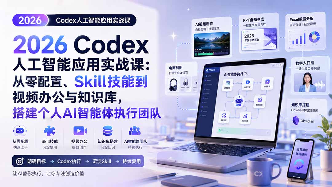 2026 Codex人工智能应用实战课:从零配置、Skill技能到视频办公与知识库,搭建个人AI智能体执行团队-优优云创网