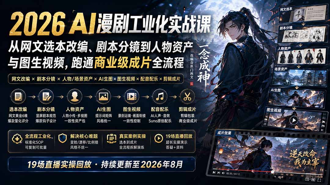 2026 AI漫剧工业化实战课-更新:从网文选本改编、剧本分镜到人物资产与图生视频,跑通商业级成片全流程-优优云创网