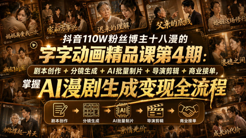 抖音110W粉丝博主十八漫的字字动画精品课第4期:剧本创作+分镜生成+剪辑+商业接单,掌握AI漫剧生成变现全流程-优优云创网