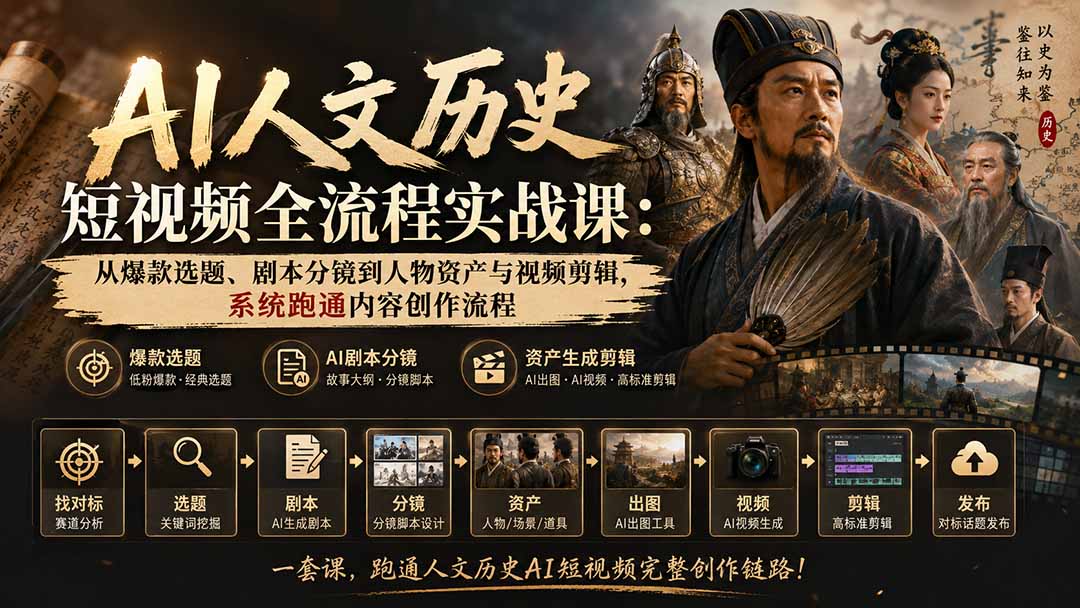 AI人文历史短视频全流程实战课:从爆款选题、剧本分镜到人物资产与视频剪辑,系统跑通内容创作流程-优优云创网