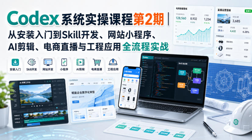Codex系统实操课程第2期|从安装入门到Skill开发、网站小程序、AI剪辑、电商直播与工程应用全流程实战-优优云创网