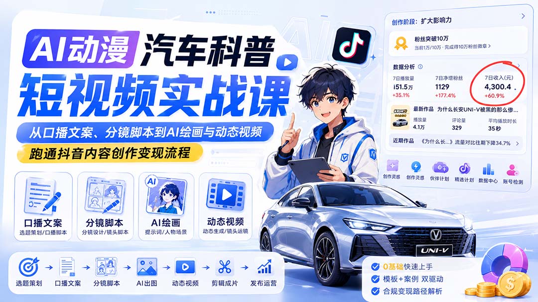 AI动漫汽车科普短视频实战课：从口播文案、分镜脚本到AI绘画与动态视频，跑通抖音内容创作变现流程-优优云创网