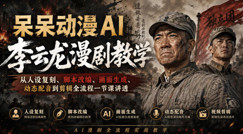 呆呆动漫AI李云龙漫剧教学，从人设复刻、脚本改编、画面生成、动态配音到剪辑全流程一节课讲透-优优云创网