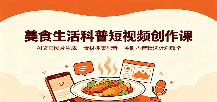 美食生活科普短视频创作课:AI文案图片生成,素材搜集配音,冲刺抖音精选计划教学-优优云创网