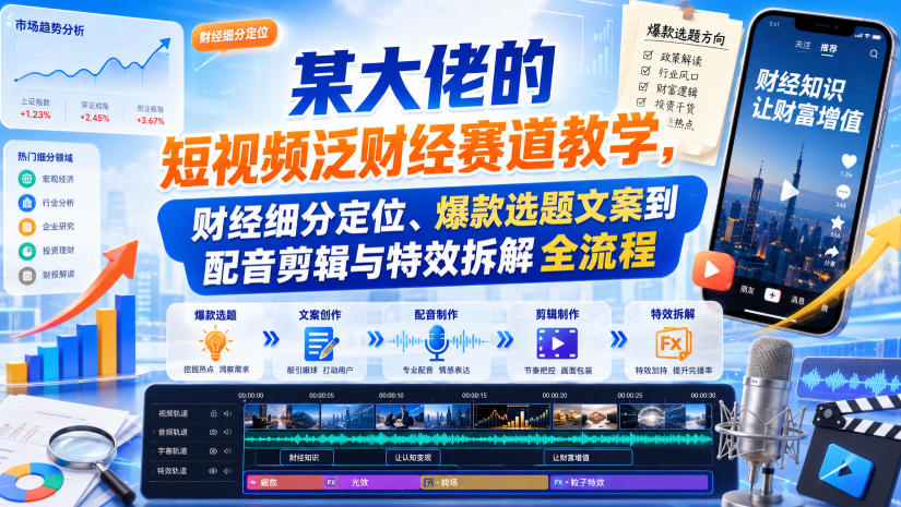 某大佬的短视频泛财经赛道教学，财经细分定位、爆款选题文案到配音剪辑与特效拆解全流程-优优云创网