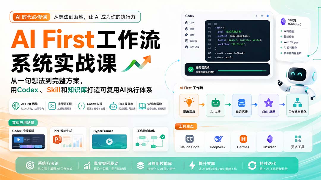 AI First工作流系统实战课:从一句想法到完整方案,用Codex、Skill和知识库打造可复用AI执行体系-优优云创网