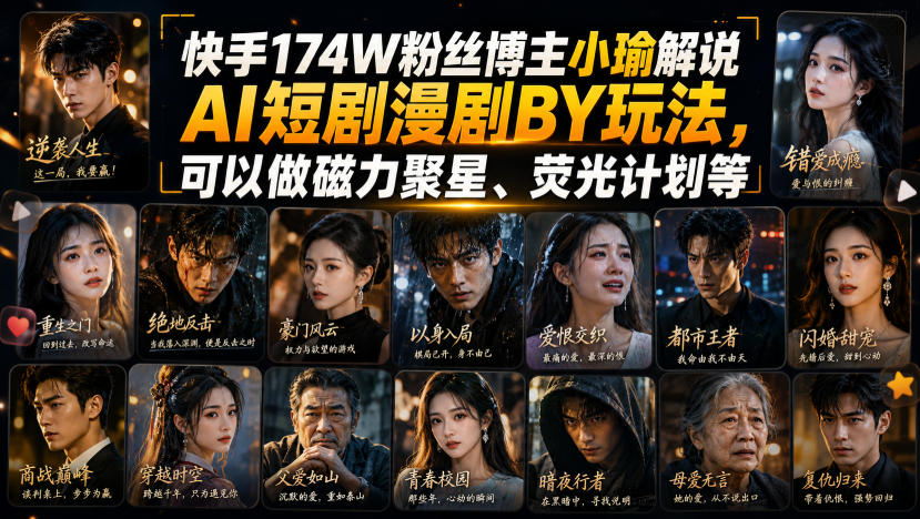 快手174W粉丝博主小瑜解说AI短剧漫剧搬运玩法,可以做磁力聚星、荧光计划等-优优云创网