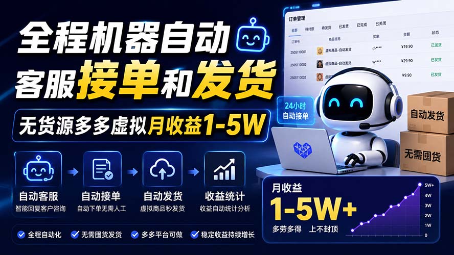 全程机器自动客服接单和发货,无货源多多虚拟月收益1-5W-优优云创网