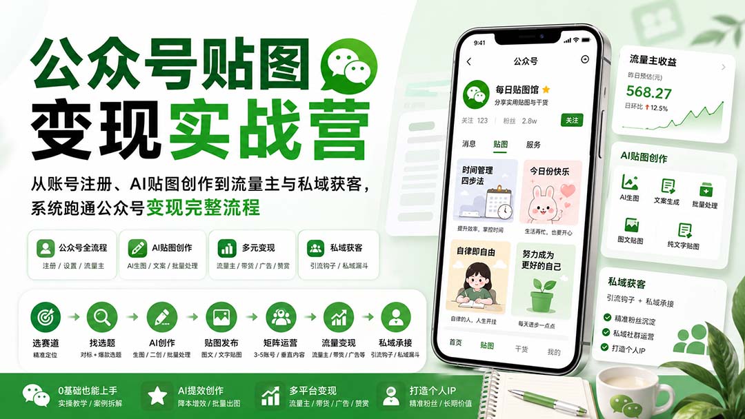 公众号贴图变现实战营:从账号注册、AI贴图创作到流量主与私域获客,系统跑通公众号变现完整流程-优优云创网