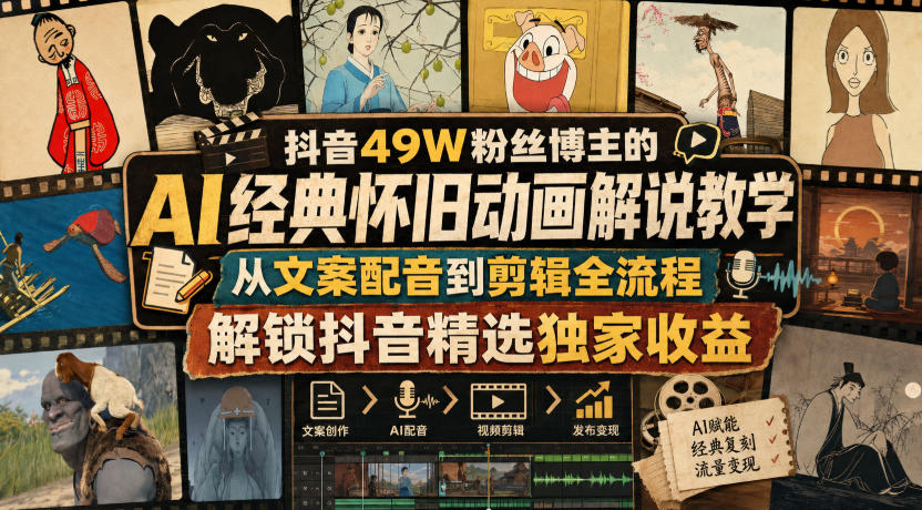 抖音49W粉丝博主的AI经典怀旧动画解说教学，从文案配音到剪辑全流程，解锁抖音精选独家收益-优优云创网