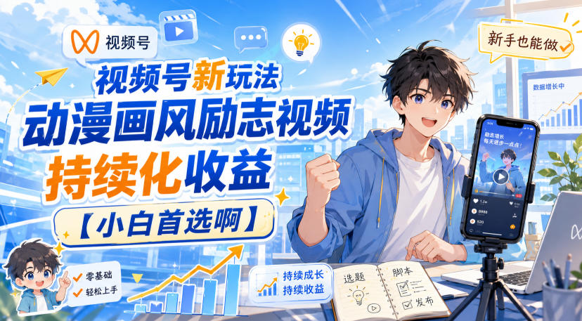视频号新玩法动漫画风励志视频，持续化收益【小白首选啊】-优优云创网