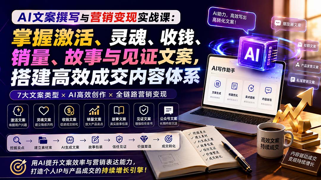 AI文案撰写与营销变现实战课：掌握激活、灵魂、收钱、销量、故事与见证文案，搭建高效成交内容体系-优优云创网
