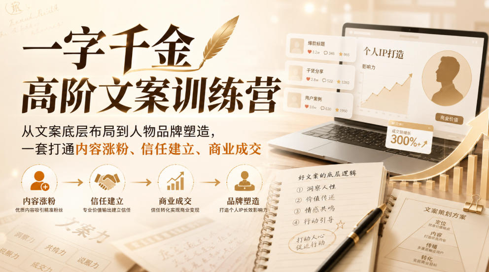 一字千金高阶文案训练营，从文案底层布局到人物品牌塑造，一套打通内容涨粉、信任建立、商业成交-优优云创网