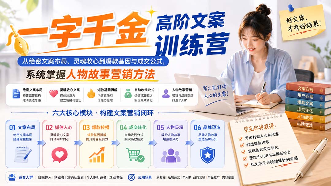 一字千金高阶文案训练营：从绝密文案布局、灵魂收心到爆款基因与成交公式，系统掌握人物故事营销方法-优优云创网