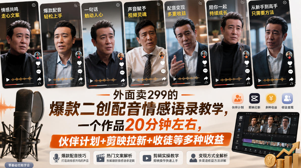 外面卖299的爆款二创配音情感语录教学,一个作品20分钟左右,伙伴计划+剪映拉新+收徒等多种收益-优优云创网