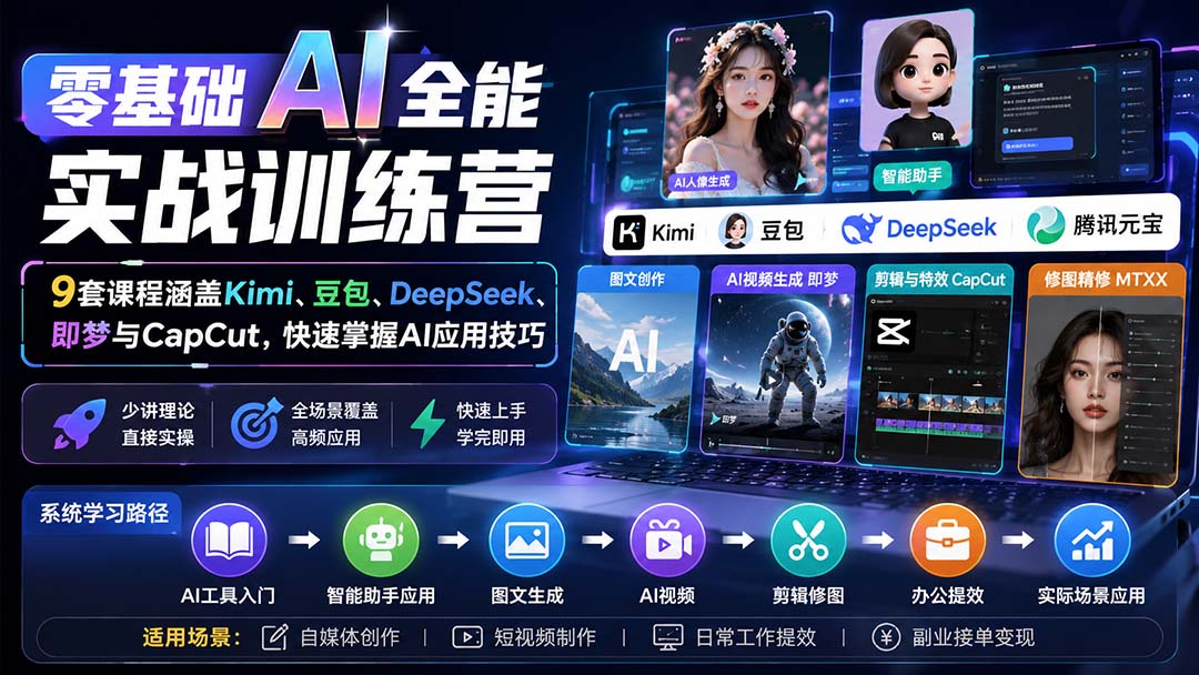 零基础AI全能实战训练营：9套课程涵盖Kimi、豆包、DeepSeek、即梦与CapCut，快速掌握AI应用技巧-优优云创网