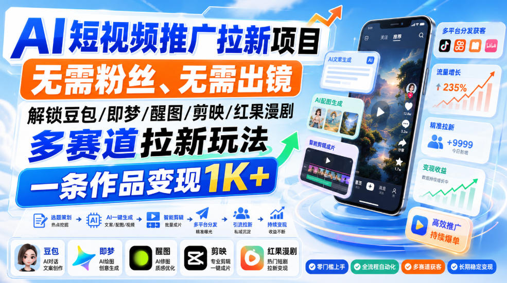 AI短视频推广拉新项目,无需粉丝、无需出镜,解锁豆包/即梦/醒图/剪映/红果漫剧多赛道拉新玩法,一条作品变现1K+-优优云创网