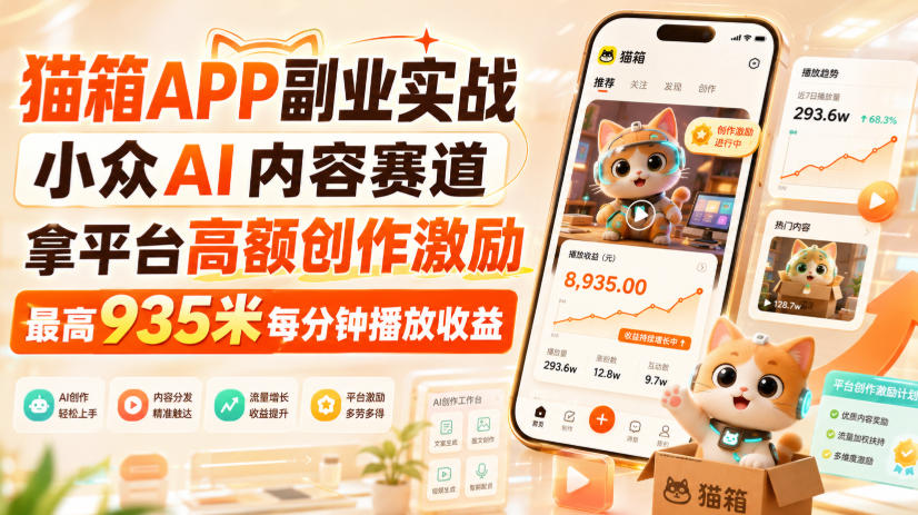猫箱APP副业实战,小众AI内容赛道,拿平台高额创作激励,最高935米每分钟播放收益-优优云创网
