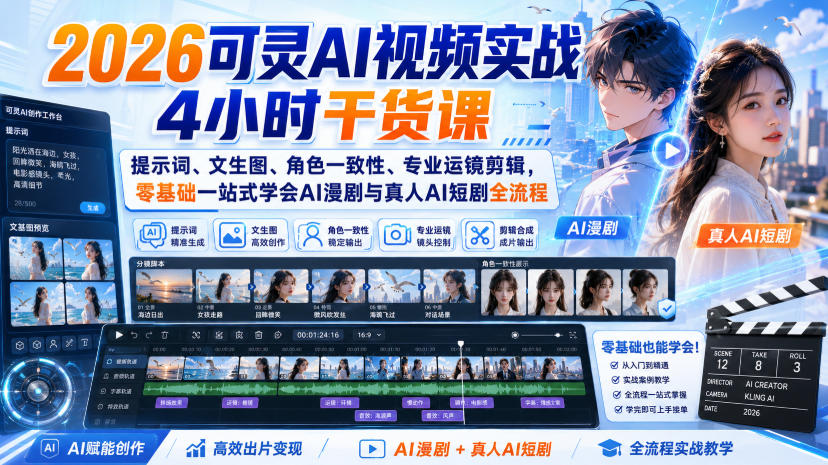 2026可灵AI视频实战4小时干货课|提示词、文生图、角色一致性、专业运镜剪辑,零基础一站式学会AI漫剧与真人AI短剧全流程-优优云创网