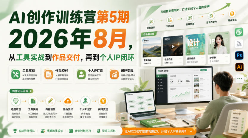 AI创作训练营第5期2026年8月,从工具实战到作品交付,再到个人IP闭环-优优云创网
