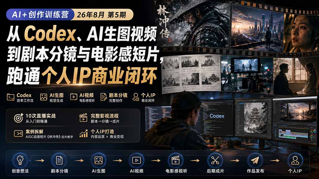 AI+创作训练营26年8月第5期：从Codex、AI生图视频到剧本分镜与电影感短片，跑通个人IP商业闭环-优优云创网