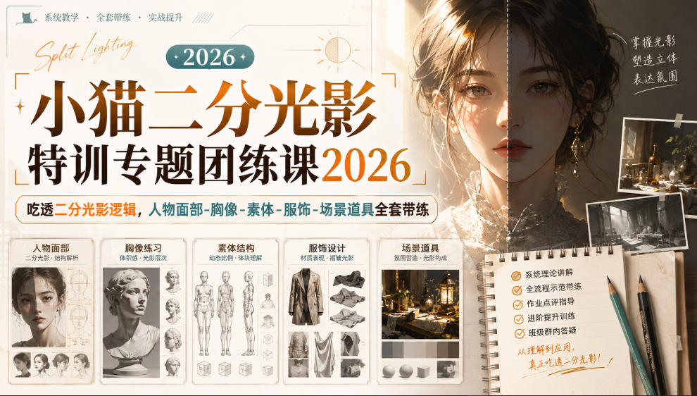 小猫二分光影特训专题团练课2026|吃透二分光影逻辑,人物面部‑胸像‑素体‑服饰‑场景道具全套带练,高清画质附赠课件与笔刷-优优云创网