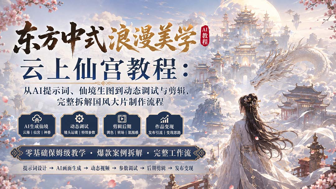 东方中式浪漫美学云上仙宫教程：从AI提示词、仙境生图到动态调试与剪辑，完整拆解国风大片制作流程-优优云创网