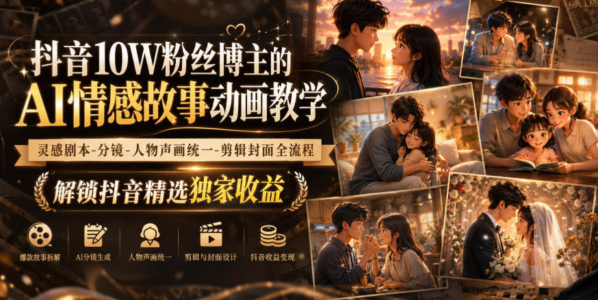 抖音10W粉丝博主的AI情感故事动画教学，灵感剧本‑分镜‑人物声画统一‑剪辑封面全流程，解锁抖音精选独家收益-优优云创网
