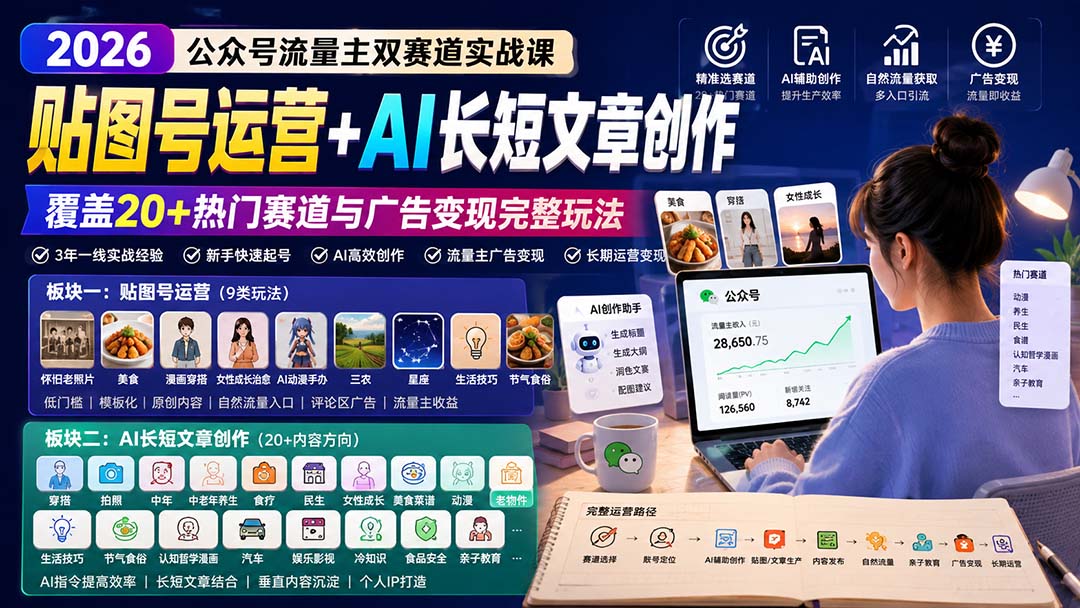 公众号流量主双赛道实战课:贴图号运营+AI长短文章创作,覆盖20+热门赛道与广告变现完整玩法-优优云创网