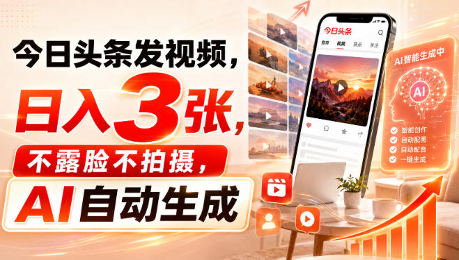 今日头条发视频，日入3张，不露脸不拍摄，AI自动生成-优优云创网