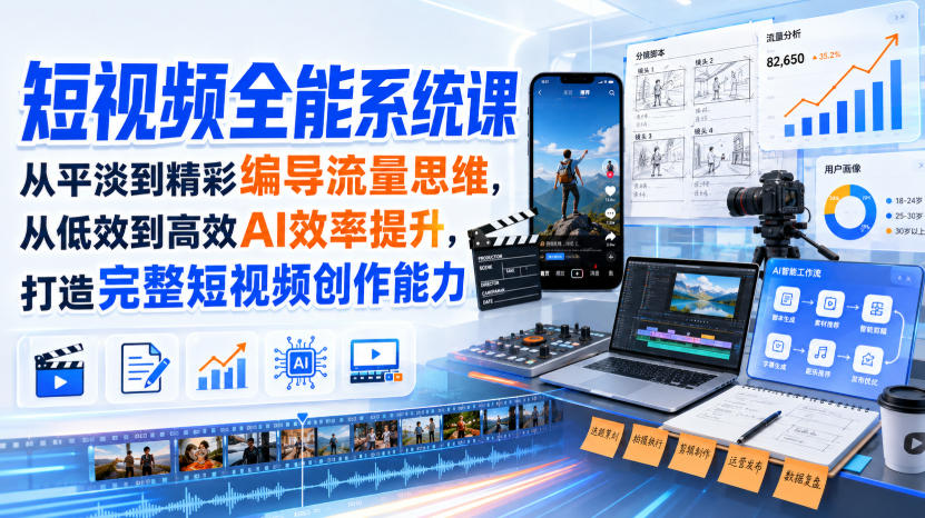 短视频全能系统课，从平淡到精彩编导流量思维，从低效到高效AI效率提升，打造完整短视频创作能力(2026年8月30更新233集)-优优云创网