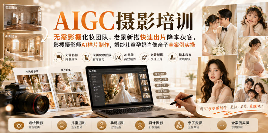 AIGC摄影培训｜无需影棚化妆团队，老景新搭快速出片降本获客，影楼摄影师AI样片制作，婚纱儿童孕妈肖像亲子全案例实操-优优云创网