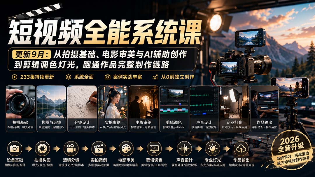 短视频全能系统课-更新8月233集:从拍摄基础、电影审美与AI辅助创作到剪辑调色灯光,跑通作品完整制作链路-优优云创网