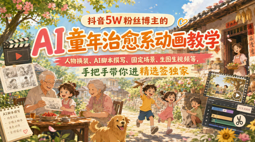 抖音5W粉丝博主的AI童年治愈系动画教学，人物换装、AI脚本撰写、固定场景、生图生视频等，手把手带你进精选签独家-优优云创网