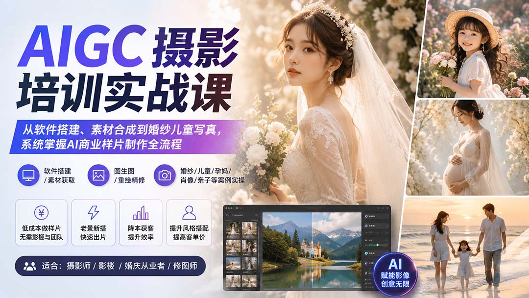 AIGC摄影培训实战课:从软件搭建、素材合成到婚纱儿童写真,系统掌握AI商业样片制作全流程-优优云创网