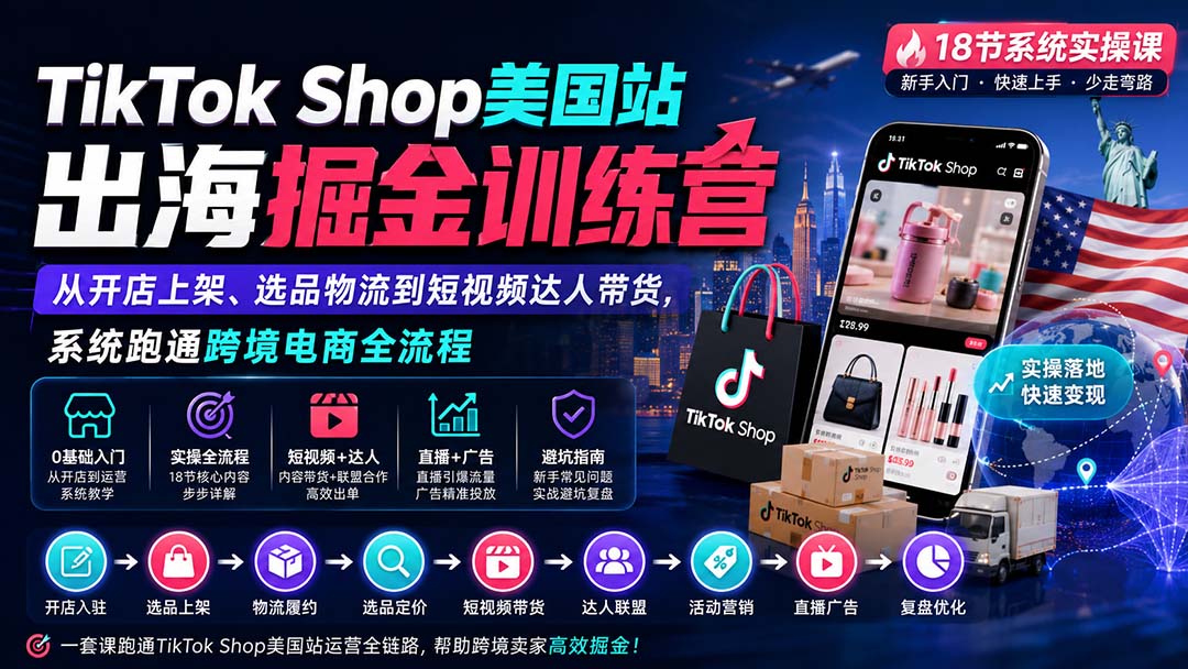 TikTok Shop美国站出海掘金训练营:从开店上架、选品物流到短视频达人带货,系统跑通跨境电商全流程-优优云创网
