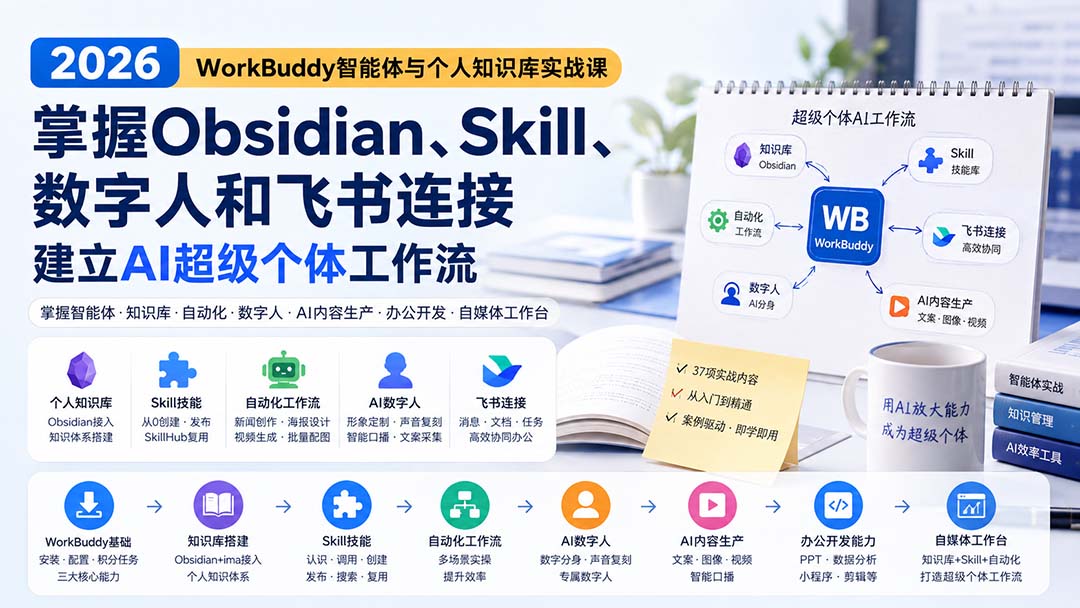 2026 WorkBuddy智能体与个人知识库实战课:掌握Obsidian、Skill、数字人和飞书连接,建立AI超级个体工作流-优优云创网